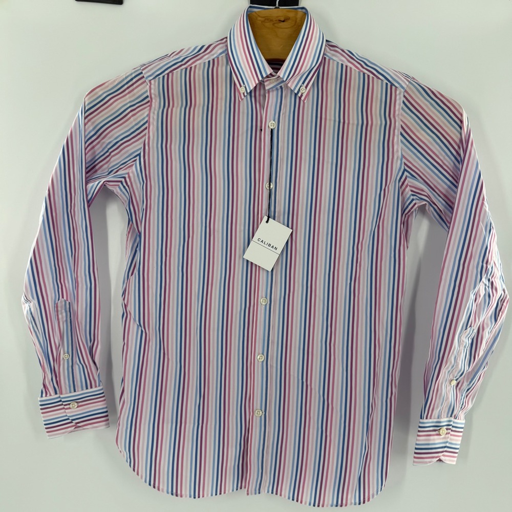 Caliban Mens Multi-Color Striped Button Down Shirt Blue Pink Purple Size 15.5 39
